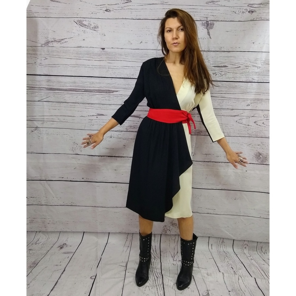 Vintage Black and Cream Midi Dress with Red Accent